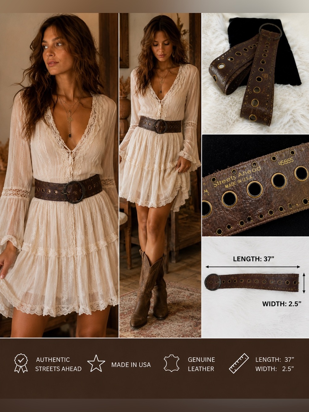 Streets Ahead Wide Leather Grommet Belt Made in USA Brown Boho Festival Style